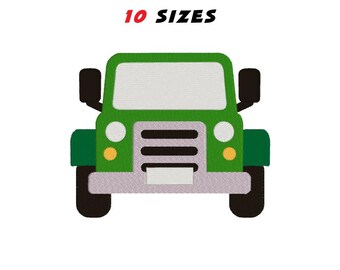 Puede incluir: Un jeep de dibujos animados verde con neumáticos negros, espejos laterales y un parabrisas blanco. El jeep tiene faros amarillos y un parachoques plateado. El texto "10 SIZES" está encima del jeep.