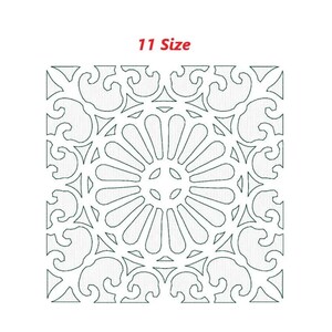 May include: A black and white geometric design with a circular pattern in the center. The design is framed by a square border.