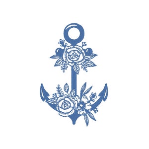May include: A blue anchor with floral details. The anchor is adorned with white roses and other floral elements.