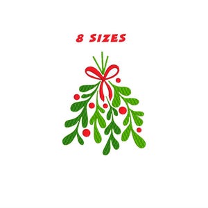 May include: A green mistletoe sprig with red berries and a red bow. The text "8 SIZES" is above the mistletoe.
