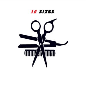 Può includere: Silhouette nera di strumenti da barbiere su sfondo bianco. L'immagine include forbici, un rasoio a mano libera, un pettine e un tagliacapelli. Il testo "12 SIZES" è in rosso e nero nella parte superiore dell'immagine.