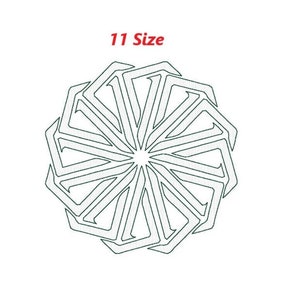 Può includere: Un design geometrico verde con un motivo radiale, simile a una stella o un fiore, su sfondo bianco. Il testo "11 Size" è in rosso in alto. Il design è composto da forme angolari interconnesse.