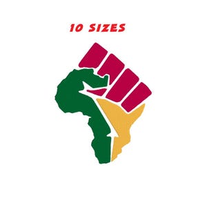 Può includere: Grafica colorata con un pugno chiuso composto da rettangoli rossi, un contorno verde del continente africano e una forma gialla. Il testo "10 SIZES" è in rosso su sfondo bianco.