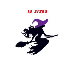 Puede incluir: Silueta negra de una bruja volando en una escoba, con un sombrero morado. El texto "10 TALLAS" en rojo está arriba. La imagen muestra una bruja con pelo largo y ondeante sobre un fondo blanco.