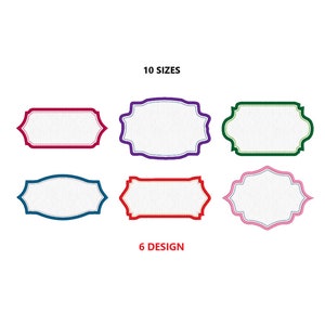 Può includere: Sei diversi design di cornici vuote con bordi a festoni. Le cornici sono di vari colori, tra cui viola, rosso, verde, blu e rosa. Il testo "10 SIZES" e "6 DESIGN" si trova sotto le cornici.