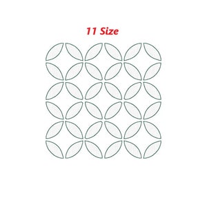 Può includere: Un motivo geometrico di cerchi sovrapposti in un colore blu-verde scuro. Il motivo si ripete 11 volte, creando una griglia di 3 righe e 3 colonne. Il testo "11 Size" è scritto in rosso sopra il motivo.