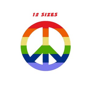 May include: A rainbow peace sign with red, orange, yellow, green, blue, and purple stripes. The peace sign is a symbol of peace and love.