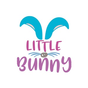 Può includere: Un design grafico rosa e blu con il testo "Little Bunny" e un naso e baffi di coniglio dei cartoni animati.