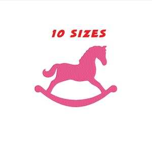 May include: Pink rocking horse silhouette embroidery design. 10 sizes included.