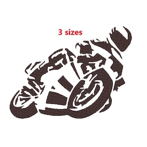 May include: A black and white silhouette of a motorcycle rider leaning into a turn. The rider is wearing a helmet and the motorcycle has a large front wheel.