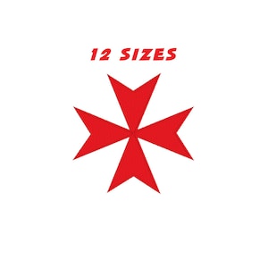 Puede incluir: Un diseño de cruz de Malta roja sobre fondo blanco. La cruz tiene cuatro brazos en forma de flecha. El texto "12 SIZES" está en rojo encima de la cruz.