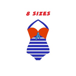 May include: A blue and white striped swimsuit with an orange halter top and a blue bow. The text "8 SIZES" is above the swimsuit.