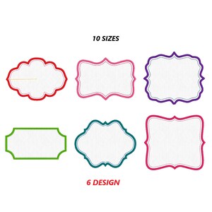 Può includere: Sei diversi design di cornici con sfondo bianco. Le cornici sono in rosso, rosa, viola, verde, verde acqua e magenta. Il testo "10 SIZES" è in alto nell'immagine e il testo "6 DESIGN" è in basso nell'immagine.