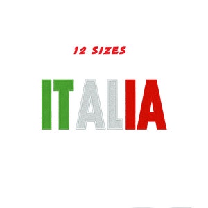 Può includere: Disegno ricamato della parola "ITALIA" in verde, bianco e rosso, che rappresenta i colori della bandiera italiana. Il testo "12 TAGLIE" è sopra la parola "ITALIA".