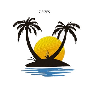 May include: Silhouette of two palm trees on a small island with a yellow sun setting behind them. The island is surrounded by blue water.