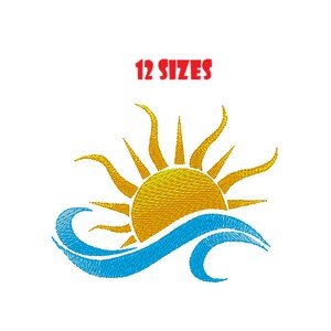 May include: A yellow sun with rays and a blue wave, with the text "12 SIZES" above the image.