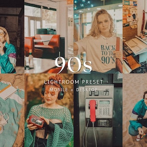 May include: A collage of images with a 90s theme. Includes a woman on the phone, a woman wearing a t-shirt that says "Back to the 90's", a retro computer setup, a woman with a boombox, and a payphone.