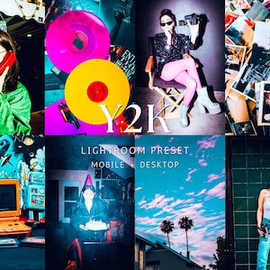 May include: A collage of images with a Y2K theme. Includes a woman on a phone, vinyl records, a person with a camera, and a retro handheld game console. The text "LIGHTROOM PRESET MOBILE + DESKTOP" is also visible.