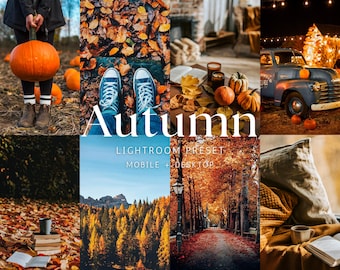May include: A collage of autumn-themed images. Includes a person holding a large orange pumpkin, blue sneakers on a bed of leaves, pumpkins, a vintage blue truck, and a forest scene. Text overlay reads "Autumn" and "Lightroom Preset".