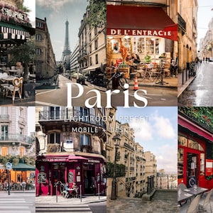 Op de afbeelding: Een collage van Parijse straatscènes, met cafés, architectuur en de Eiffeltoren. De tekst "Paris" is in een groot, elegant lettertype geplaatst, met daaronder "Lightroom Preset Mobile + Desktop". De afbeeldingen roepen een gevoel van reizen en fotografie op.