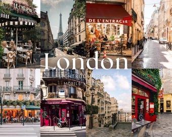 May include: A collage of Parisian street scenes, featuring cafes, the Eiffel Tower, and charming architecture. The word "London" is overlaid in a large, elegant font, along with "Lightroom Preset" and "Mobile + Desktop". The image evokes a sense of travel and aesthetic photography.