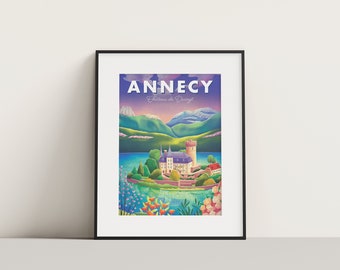 Lake Annecy and Château de Duingt tourist poster | Illustration, wall decoration