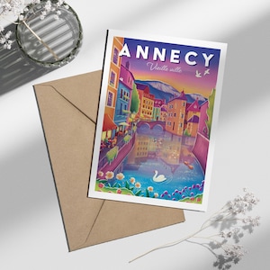 Carte postale Annecy Vieille ville cygne | Illustration, papeterie