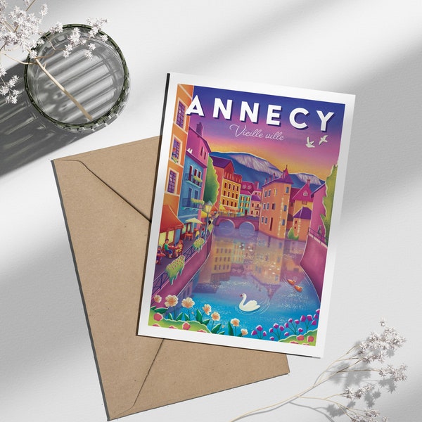 Carte postale Annecy Vieille ville cygne | Illustration, papeterie