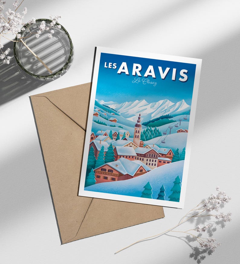 Carte postale spécial hiver, "les Aravis" Haute-Savoie | Illustration, papeterie Modèle La Clusaz