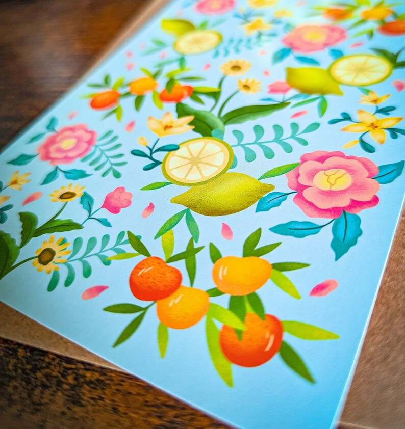 Carte postale Motif Été fleurs et agrumes | Illustration, papeterie 画像 3