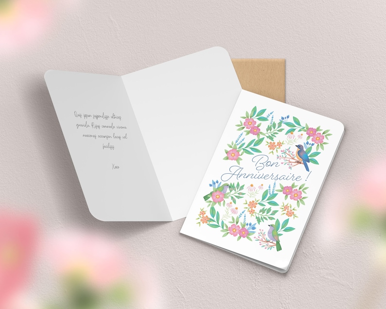 Carte de vœux double anniversaire avec enveloppe | Illustration, papeterie Oiseaux printemps