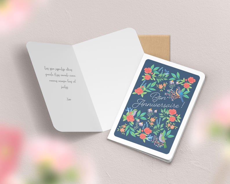 Carte de vœux double anniversaire avec enveloppe | Illustration, papeterie Oiseaux printemps 2