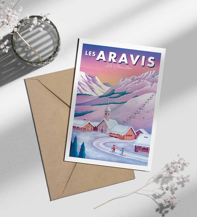 Carte postale spécial hiver, "les Aravis" Haute-Savoie | Illustration, papeterie Modèle Chinaillon