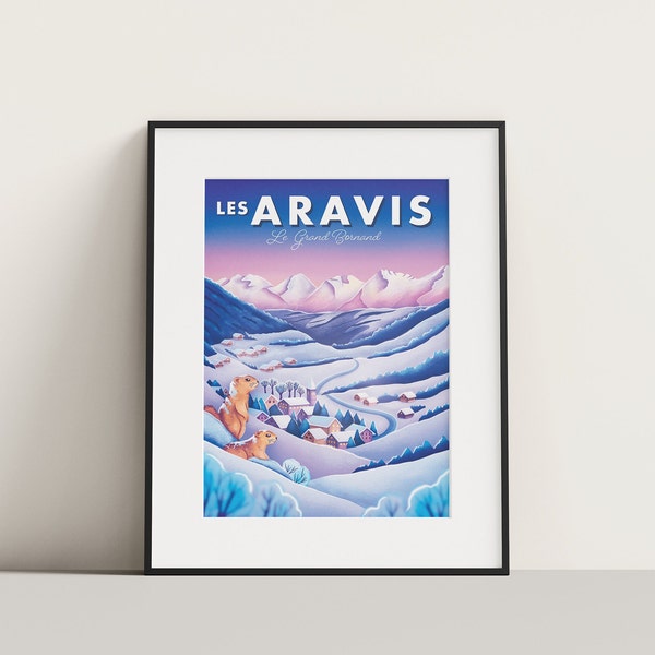 Affiche touristique les Aravis, Marmottes et Grand Bornand | Illustration, décoration murale