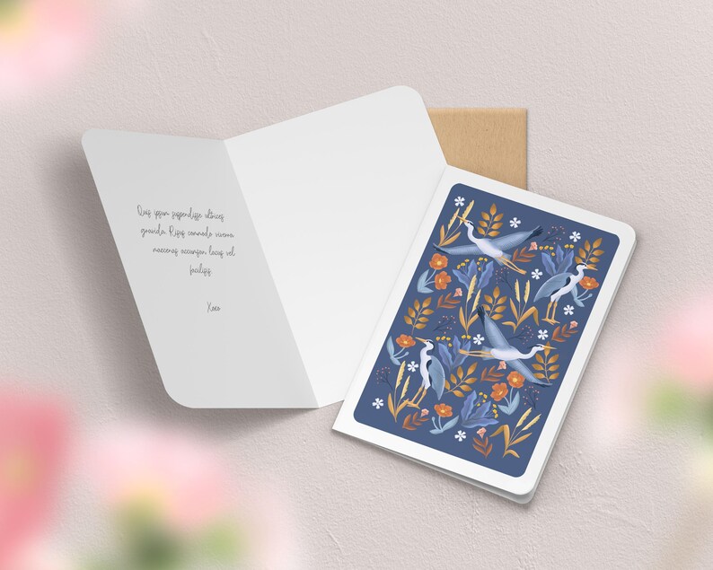 Carte de vœux double à motif avec enveloppe | Illustration, papeterie Héron bleu foncé