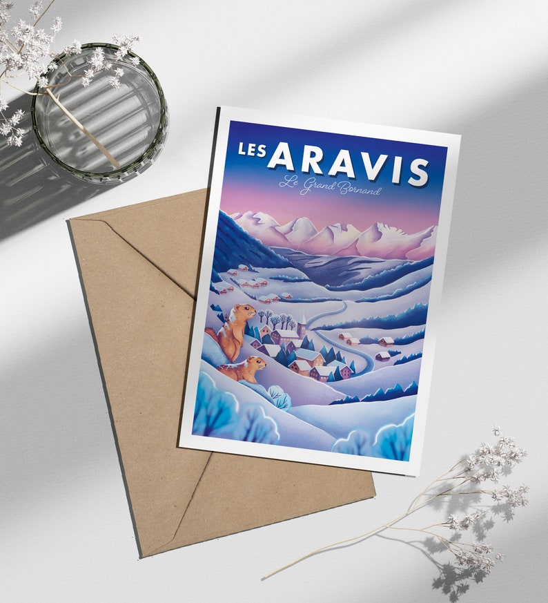 Carte postale spécial hiver, "les Aravis" Haute-Savoie | Illustration, papeterie Modèle Grand Bornand