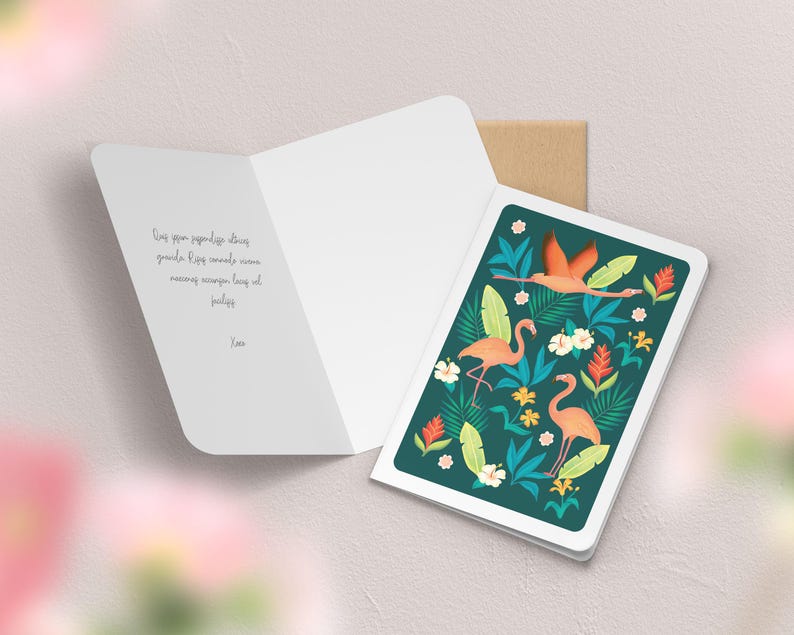 Carte de vœux double à motif avec enveloppe | Illustration, papeterie Flamant rose vert