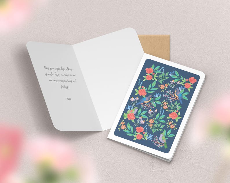 Carte de vœux double fleurs, printemps | Illustration, papeterie Oiseaux printemps 2
