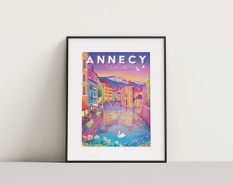 Affiche touristique Annecy Vieille ville cygne | Illustration, décoration murale