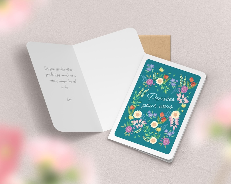 Carte de vœux double fleurs, printemps | Illustration, papeterie Pensées pour vous