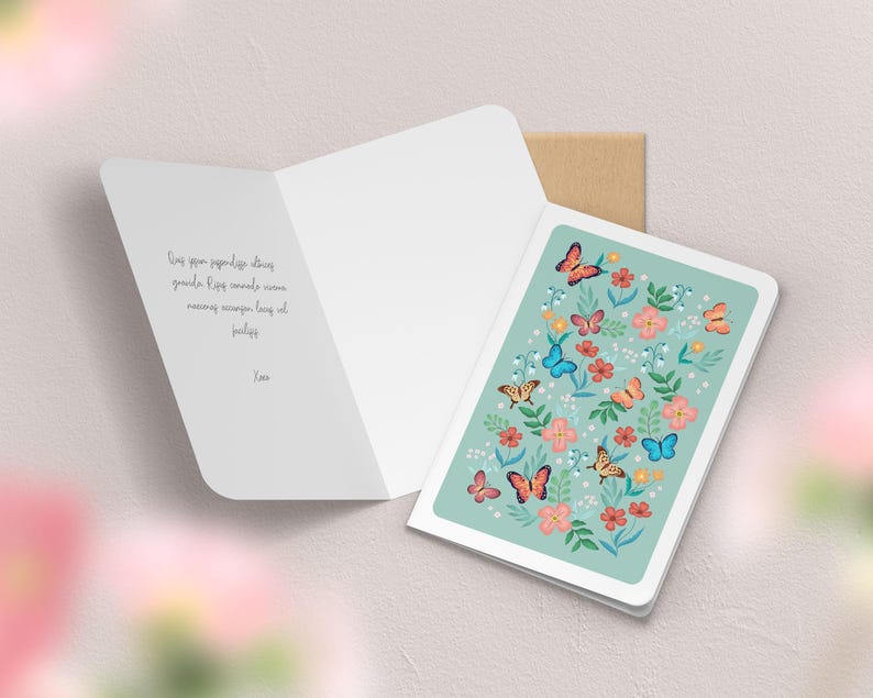 Carte de vœux double fleurs, printemps | Illustration, papeterie Papillons