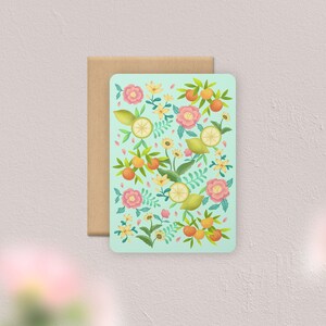 Carte postale Motif Été fleurs et agrumes | Illustration, papeterie Motif fond bleu