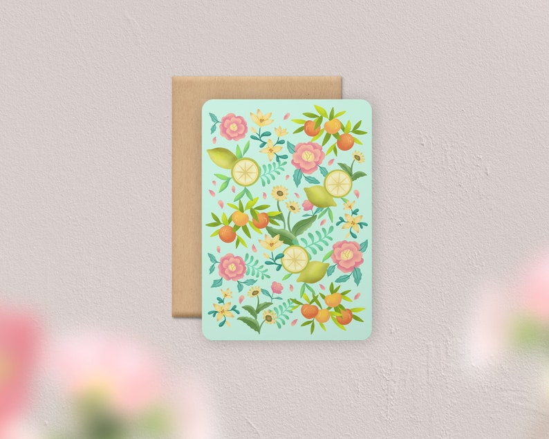 Carte postale Motif Été fleurs et agrumes | Illustration, papeterie Motif fond bleu