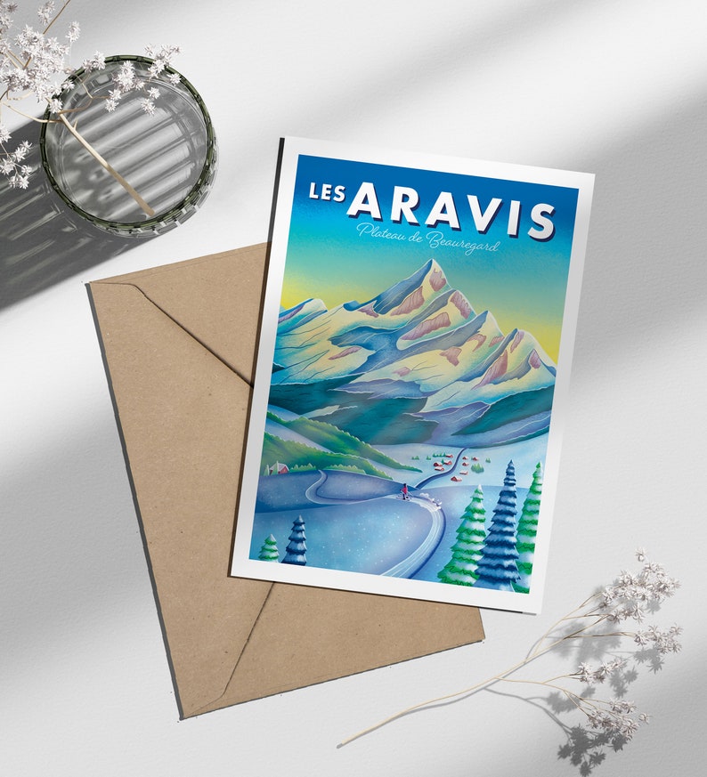 Carte postale spécial hiver, "les Aravis" Haute-Savoie | Illustration, papeterie Modèle Beauregard