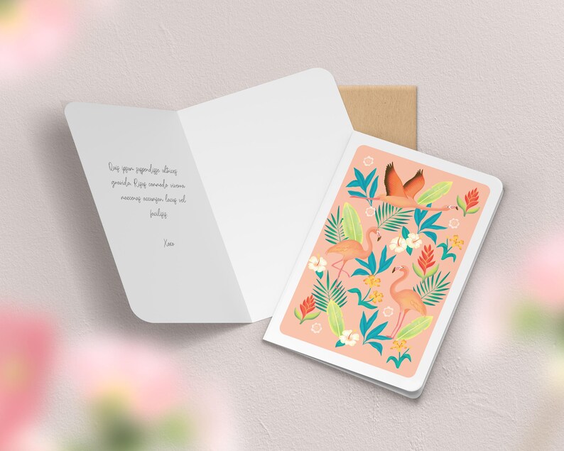 Carte de vœux double à motif avec enveloppe | Illustration, papeterie Flamant rose