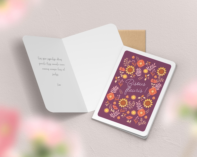 Carte de vœux double fleurs, printemps | Illustration, papeterie Bisous fleuris