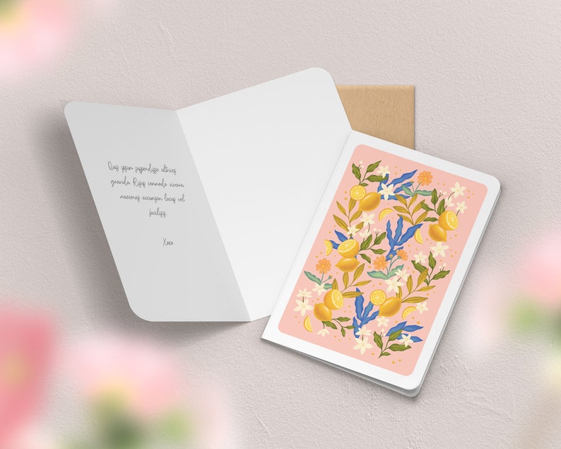 Carte de vœux double à motif avec enveloppe | Illustration, papeterie Citron rose