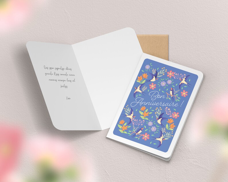 Carte de vœux double anniversaire avec enveloppe | Illustration, papeterie Hirondelles