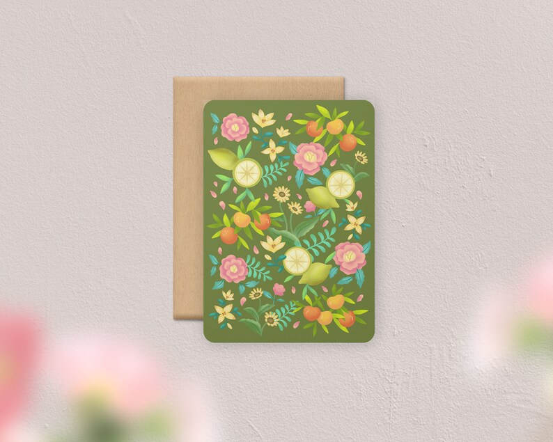 Carte postale Motif Été fleurs et agrumes | Illustration, papeterie Motif fond vert