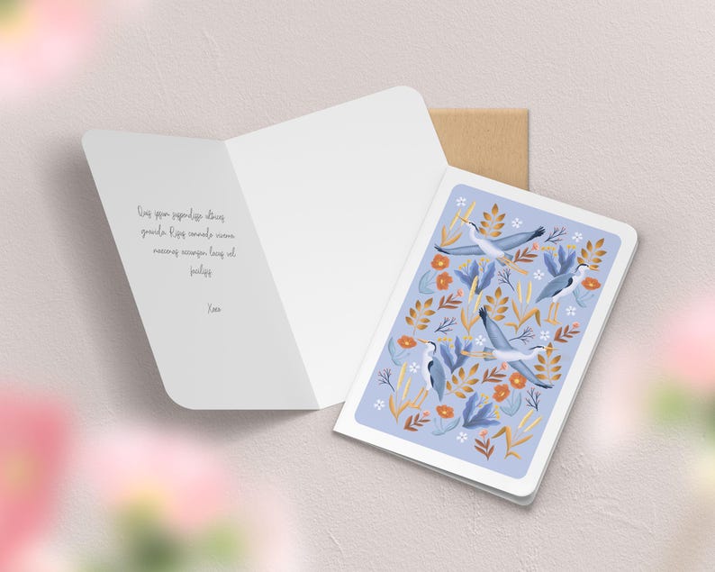 Carte de vœux double à motif avec enveloppe | Illustration, papeterie Héron bleu clair